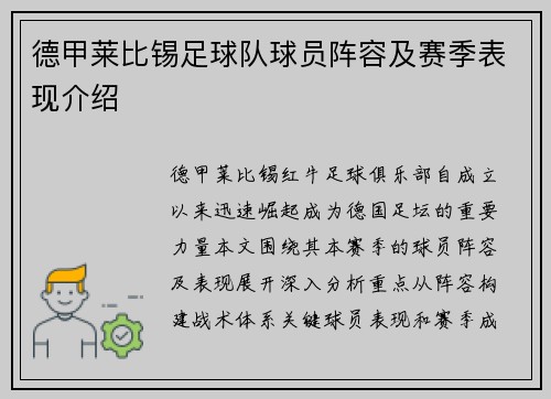 德甲莱比锡足球队球员阵容及赛季表现介绍